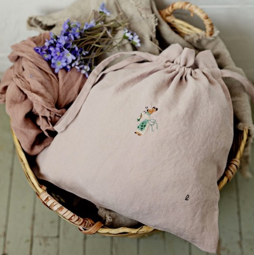 Hand Embroidered Linen Pouch -Rabbit